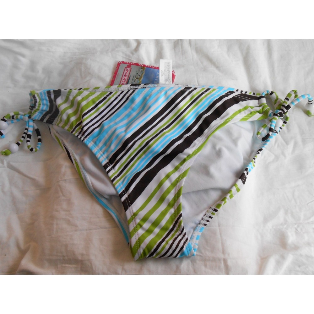 NEW Arizona White/Brown/Green/Blue Side Striped Ties Large Swim Bikini Bottoms!!